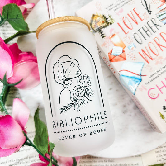 Bibliophile: Lover of Books Frosted Glass Cup with Bamboo Lid & Straw - Starry Skies Austin
