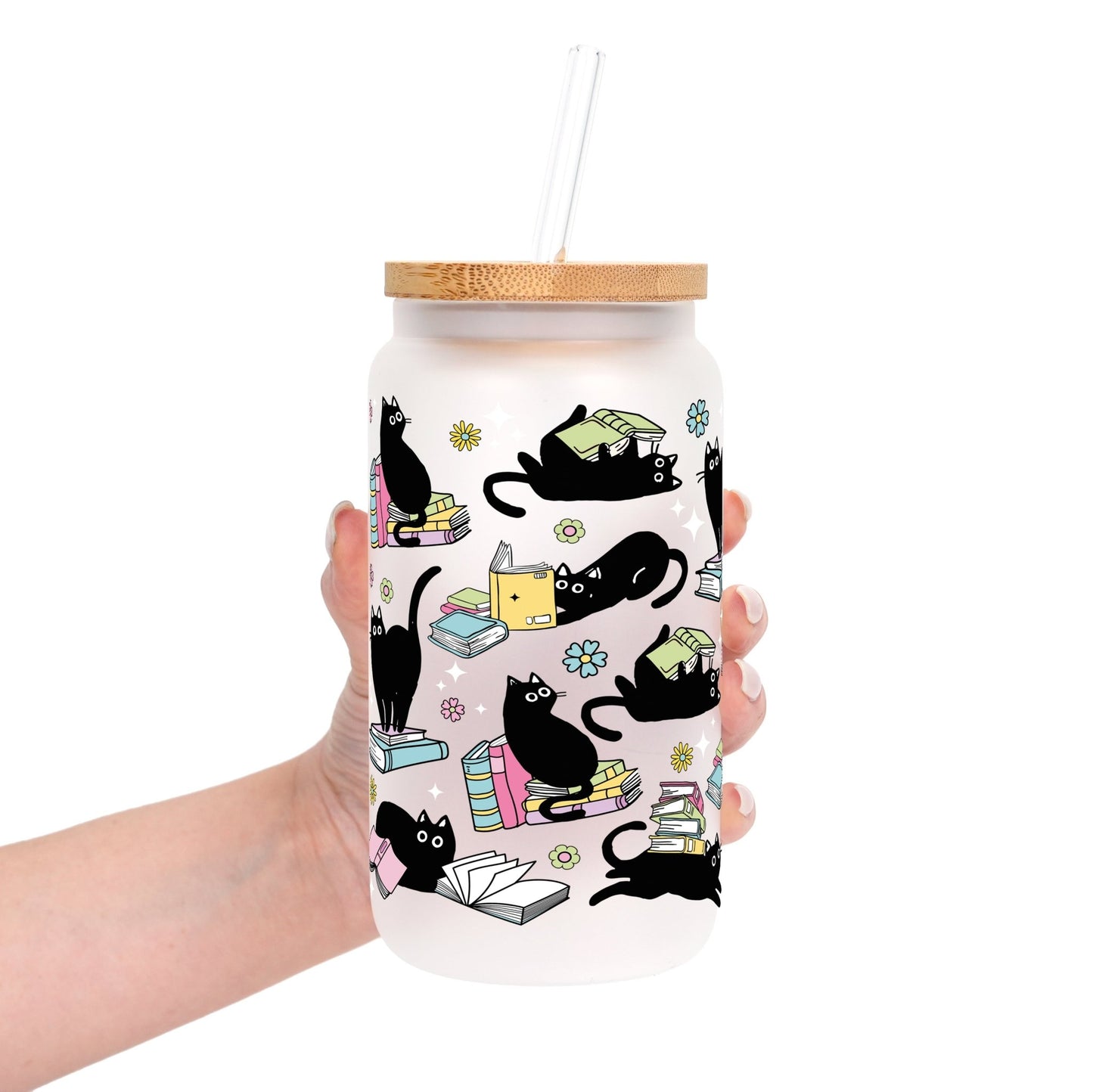 Black Cats on Books Glass Cup, Mug & Tumbler with Lid and Straw - Starry Skies Austin