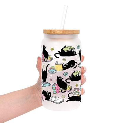 Black Cats on Books Glass Cup, Mug & Tumbler with Lid and Straw - Starry Skies Austin