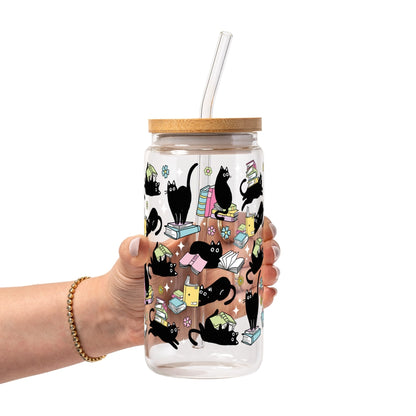 Black Cats on Books Glass Cup, Mug & Tumbler with Lid and Straw - Starry Skies Austin