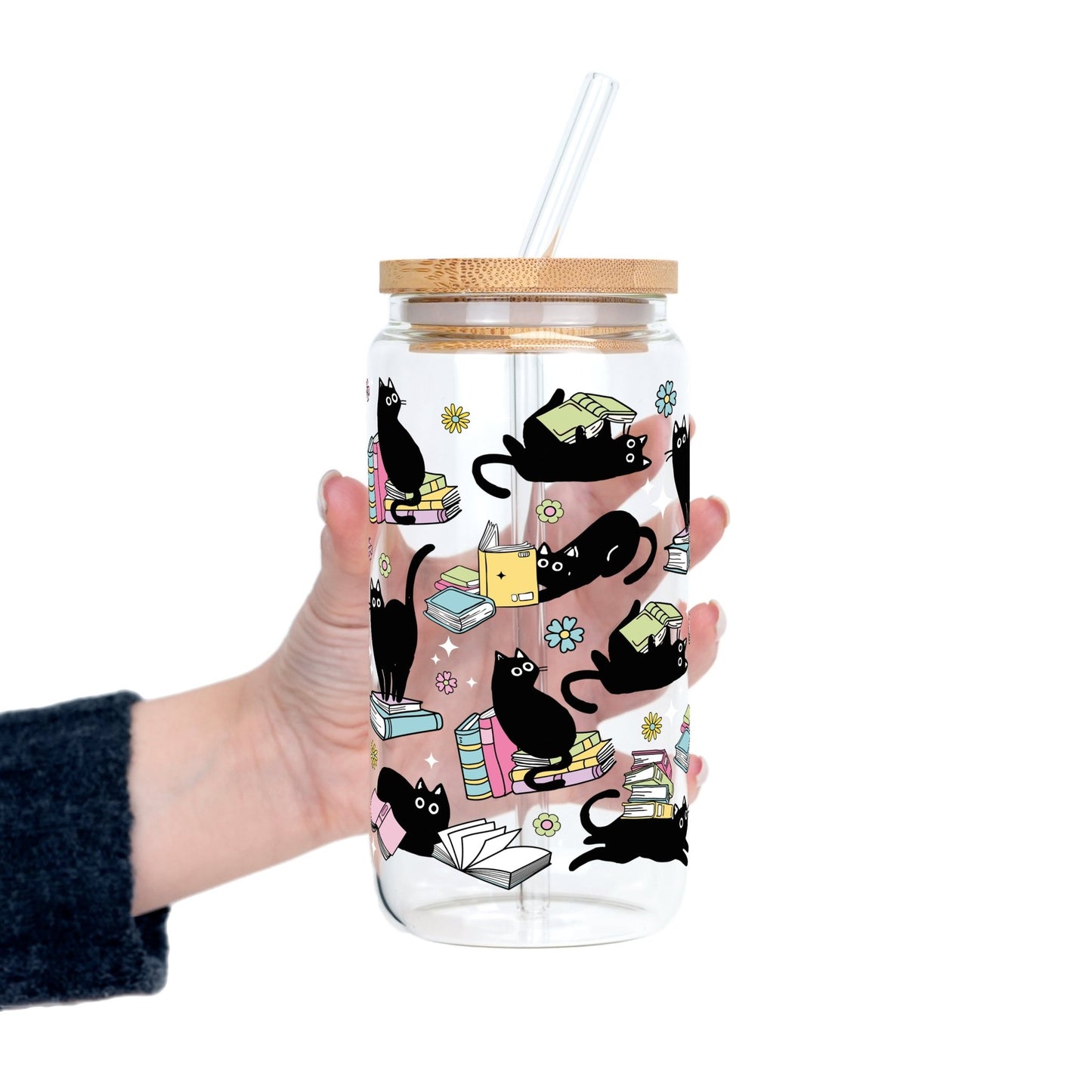 Black Cats on Books Glass Cup, Mug & Tumbler with Lid and Straw - Starry Skies Austin