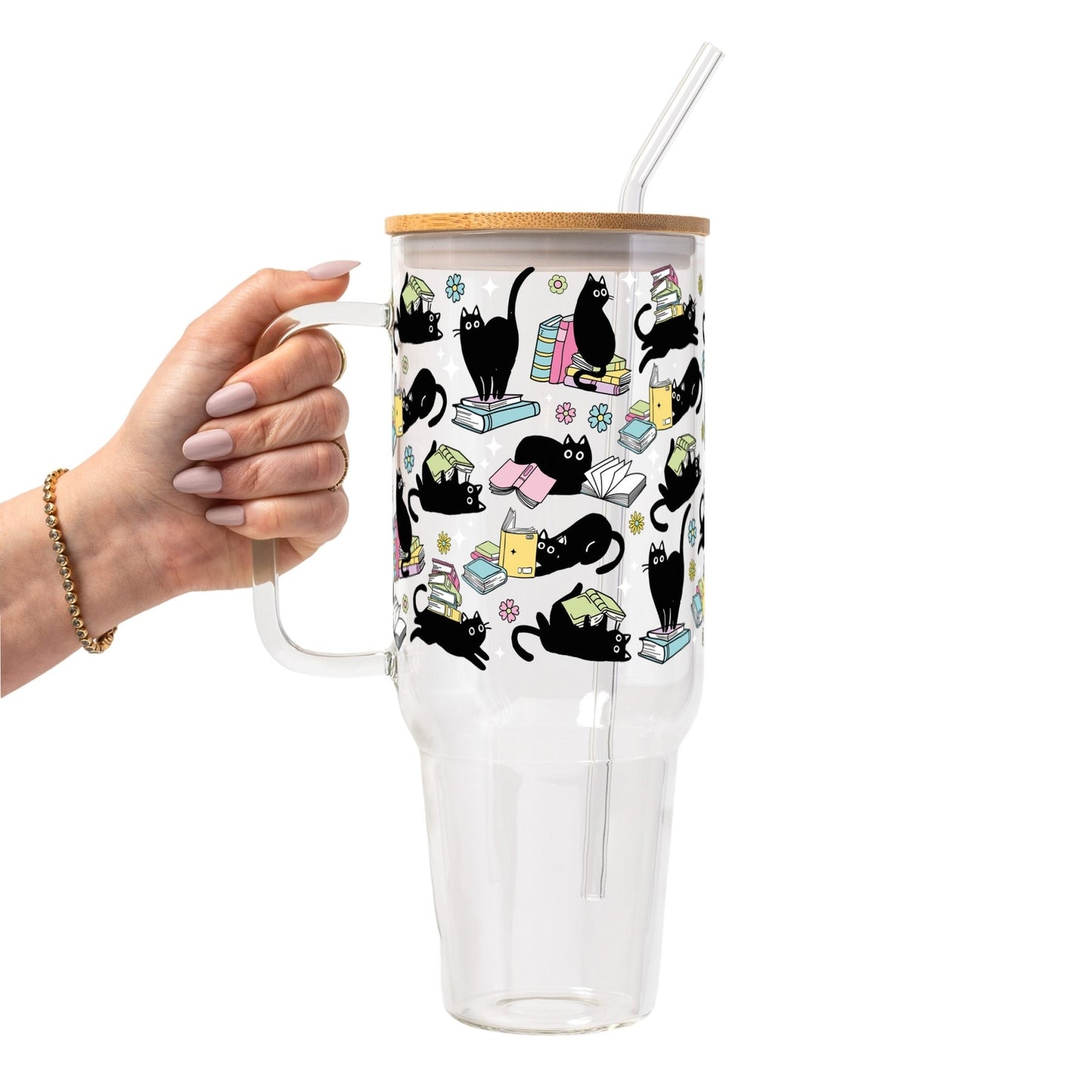 Black Cats on Books Glass Cup, Mug & Tumbler with Lid and Straw - Starry Skies Austin