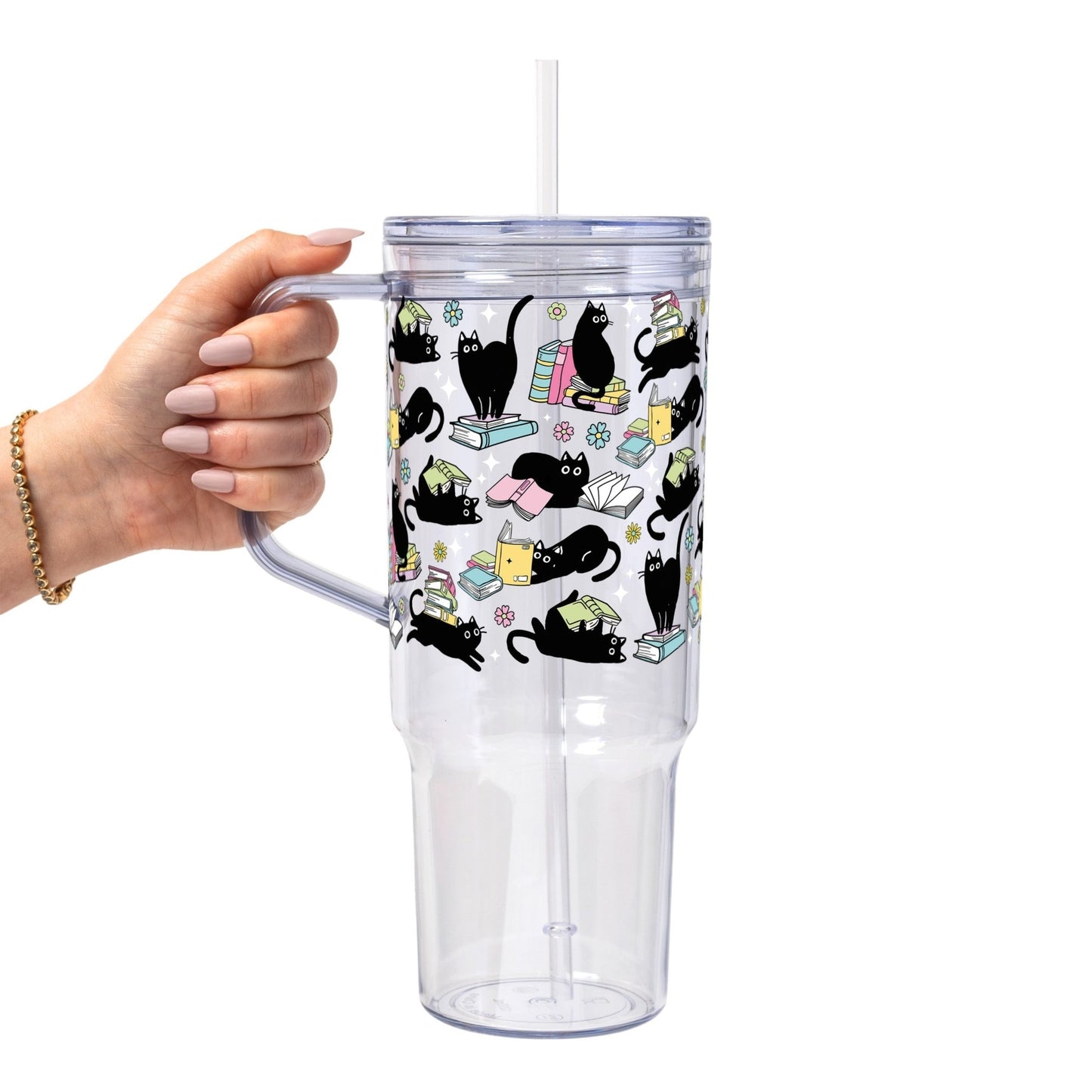 Black Cats on Books Glass Cup, Mug & Tumbler with Lid and Straw - Starry Skies Austin
