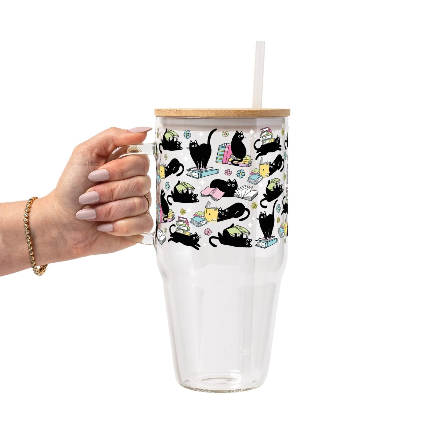 Black Cats on Books Glass Cup, Mug & Tumbler with Lid and Straw - Starry Skies Austin