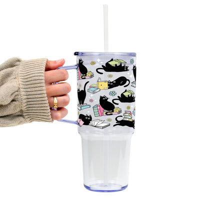 Black Cats on Books Glass Cup, Mug & Tumbler with Lid and Straw - Starry Skies Austin