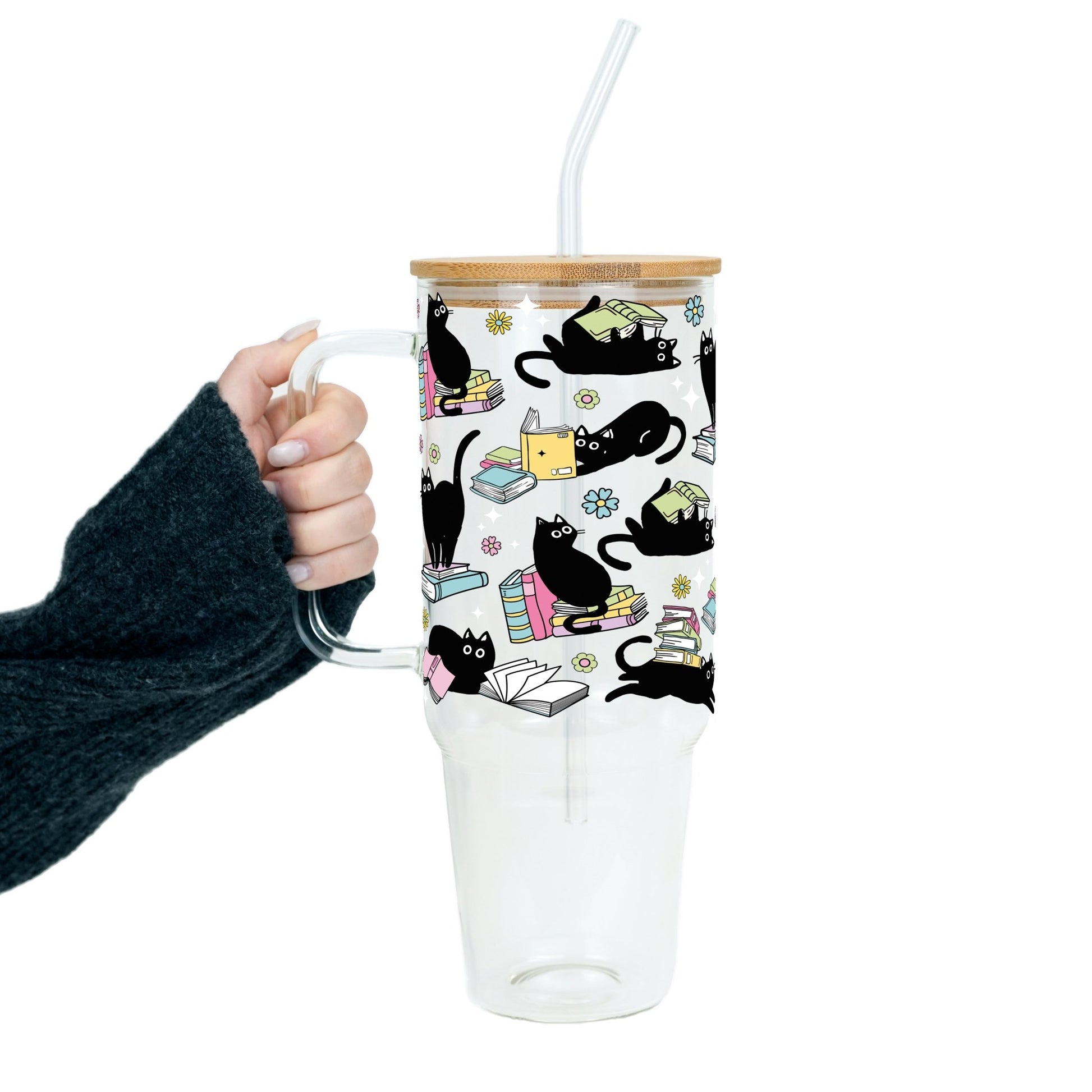 Black Cats on Books Glass Cup, Mug & Tumbler with Lid and Straw - Starry Skies Austin
