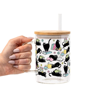 Black Cats on Books Glass Cup, Mug & Tumbler with Lid and Straw - Starry Skies Austin