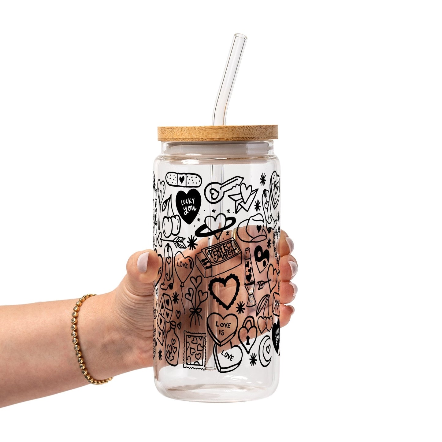 Black Tiny Tats Glass Cup, Mug & Tumbler with Lid and Straw - Starry Skies Austin
