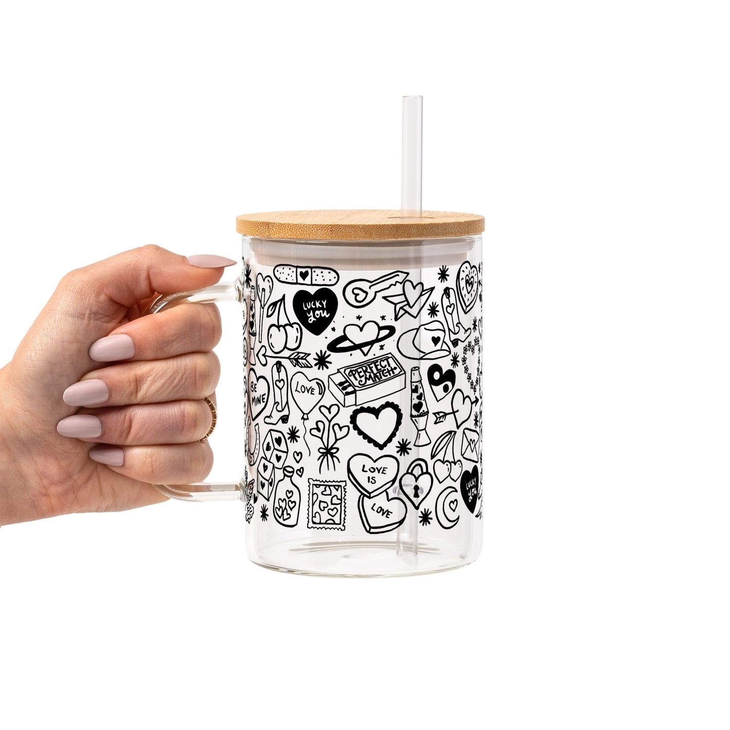 Black Tiny Tats Glass Cup, Mug & Tumbler with Lid and Straw - Starry Skies Austin
