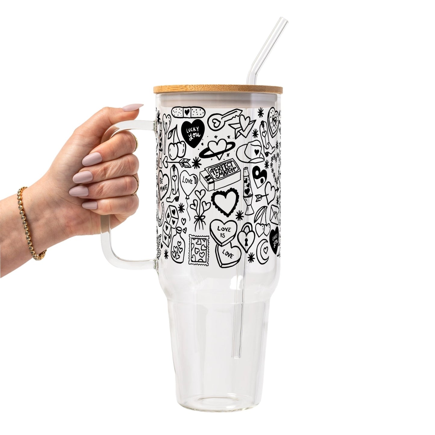 Black Tiny Tats Glass Cup, Mug & Tumbler with Lid and Straw - Starry Skies Austin