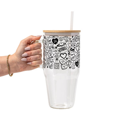 Black Tiny Tats Glass Cup, Mug & Tumbler with Lid and Straw - Starry Skies Austin
