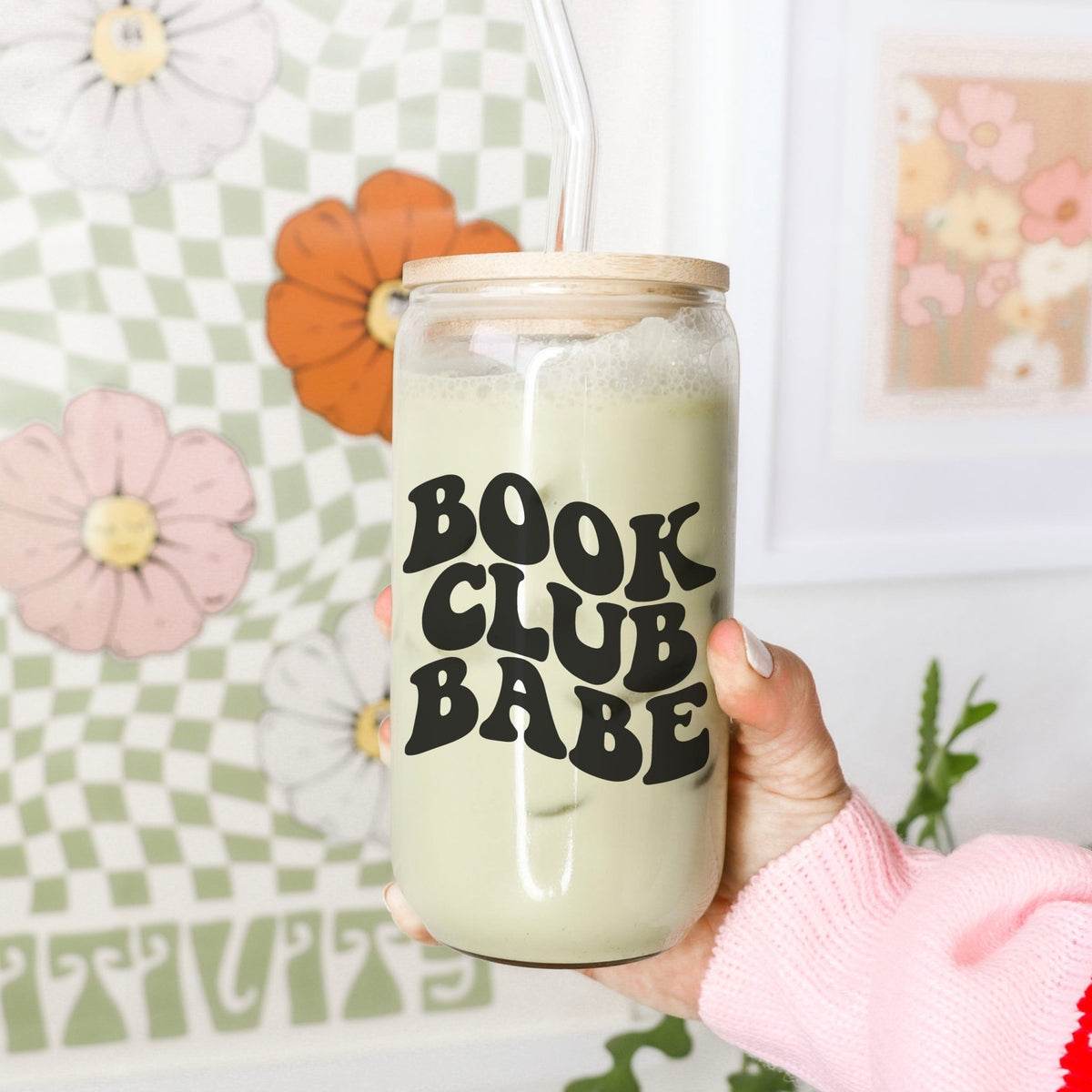 Book Club Babe Clear Glass Cup with Bamboo Lid & Straw - Starry Skies Austin