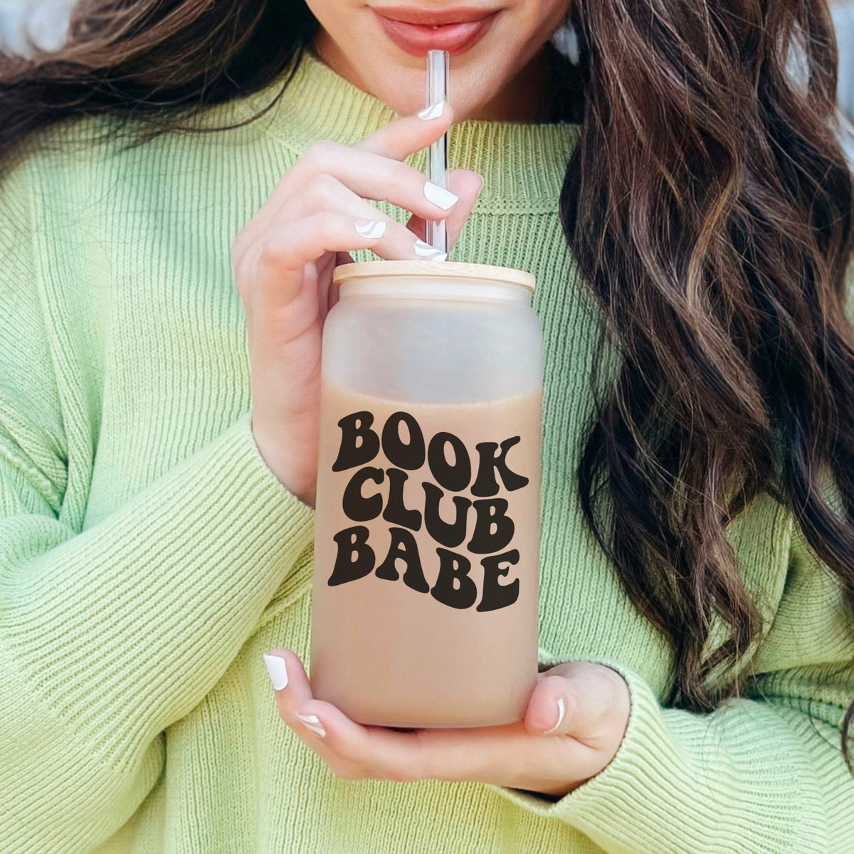 Book Club Babe Frosted Glass Cup with Bamboo Lid & Straw - Starry Skies Austin