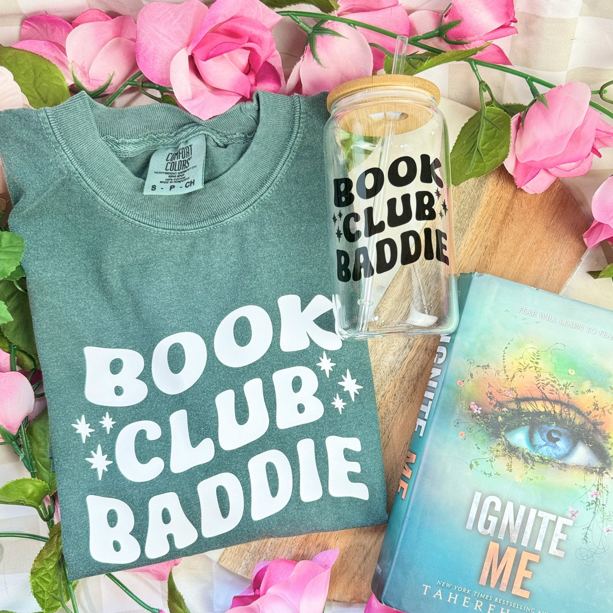 Book Club Baddie Clear Glass Cup with Bamboo Lid & Straw - Starry Skies Austin