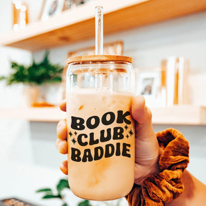 Book Club Baddie Clear Glass Cup with Bamboo Lid & Straw - Starry Skies Austin