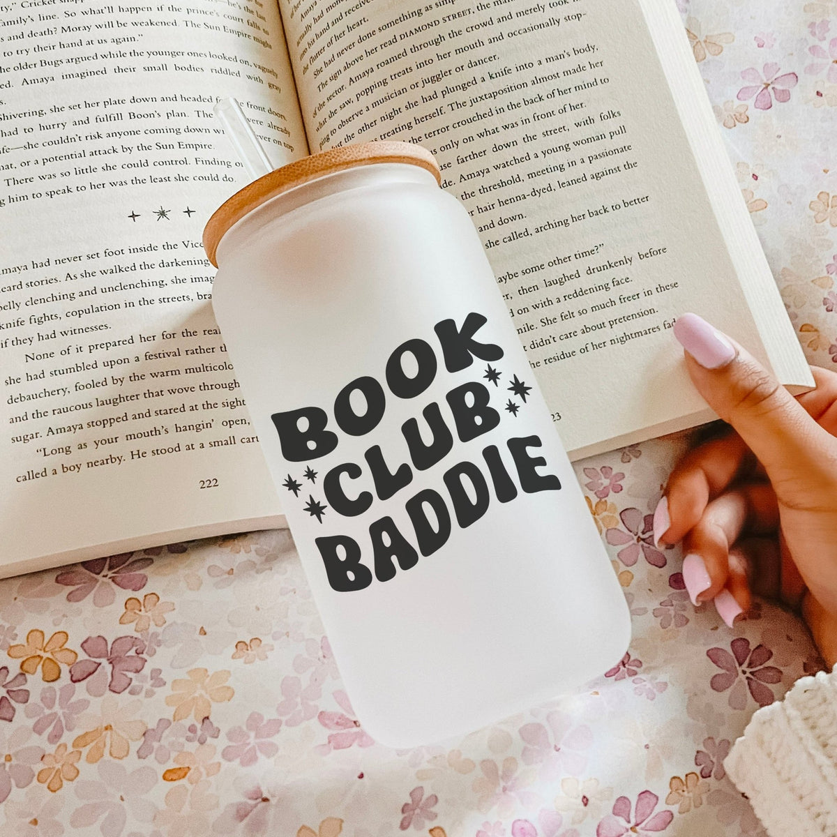 Book Club Baddie Frosted Glass Cup with Bamboo Lid & Straw - Starry Skies Austin