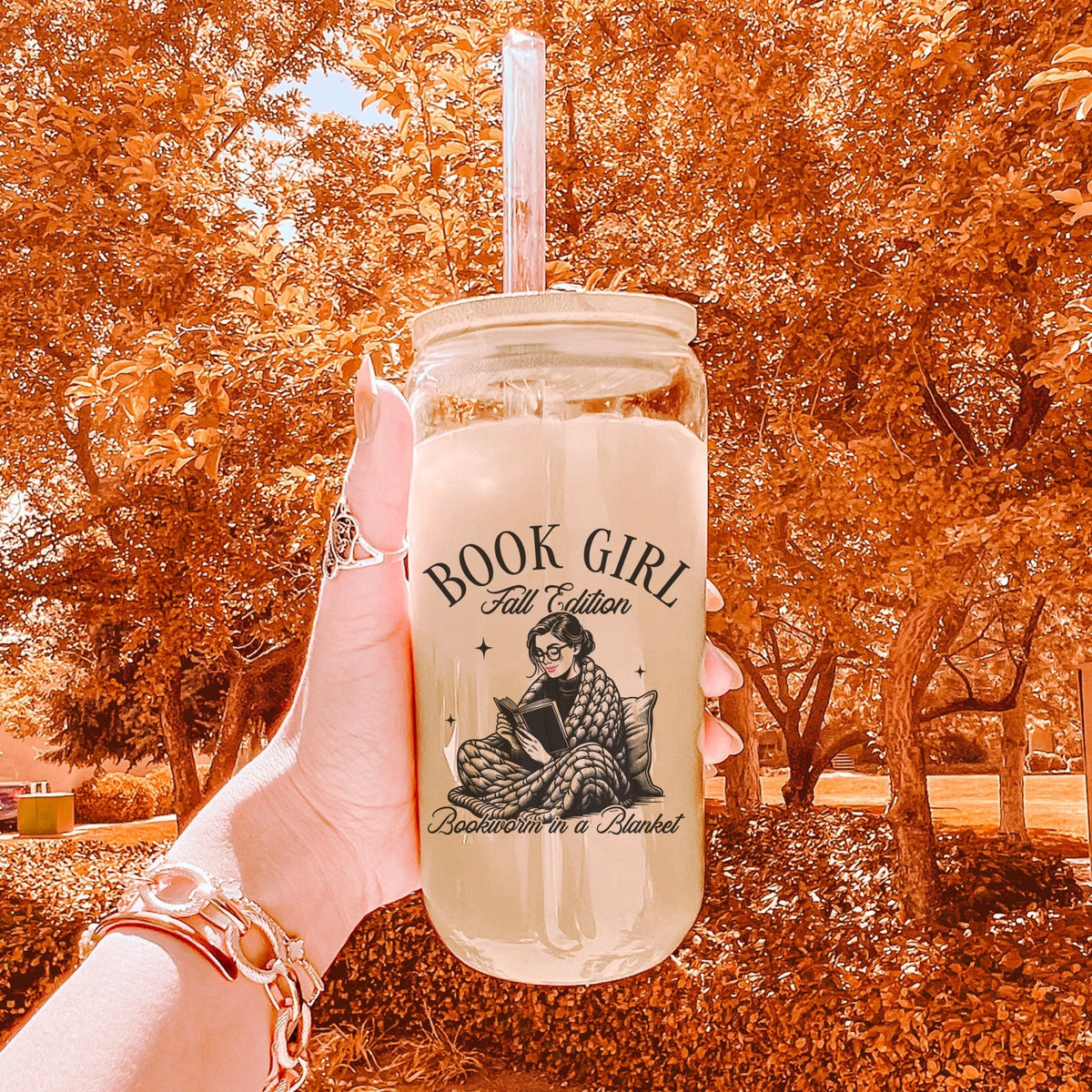 Book Girl Fall Edition Clear Glass Cup with Bamboo Lid & Straw - Starry Skies Austin
