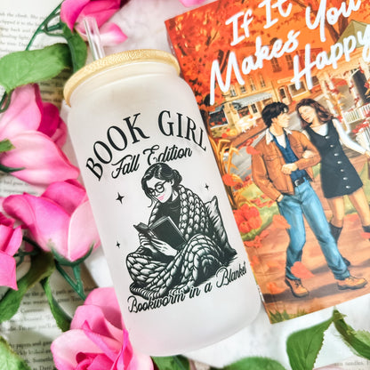 Book Girl Fall Edition Frosted Glass Cup with Bamboo Lid & Straw - Starry Skies Austin