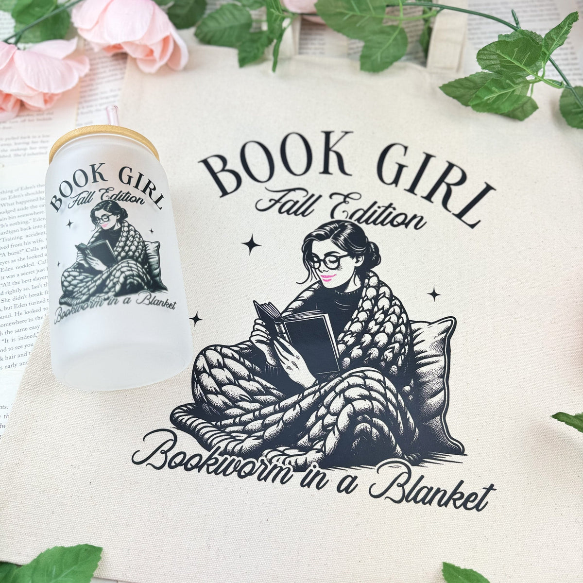 Book Girl Fall Edition Frosted Glass Cup with Bamboo Lid & Straw - Starry Skies Austin