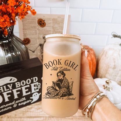 Book Girl Fall Edition Frosted Glass Cup with Bamboo Lid & Straw - Starry Skies Austin