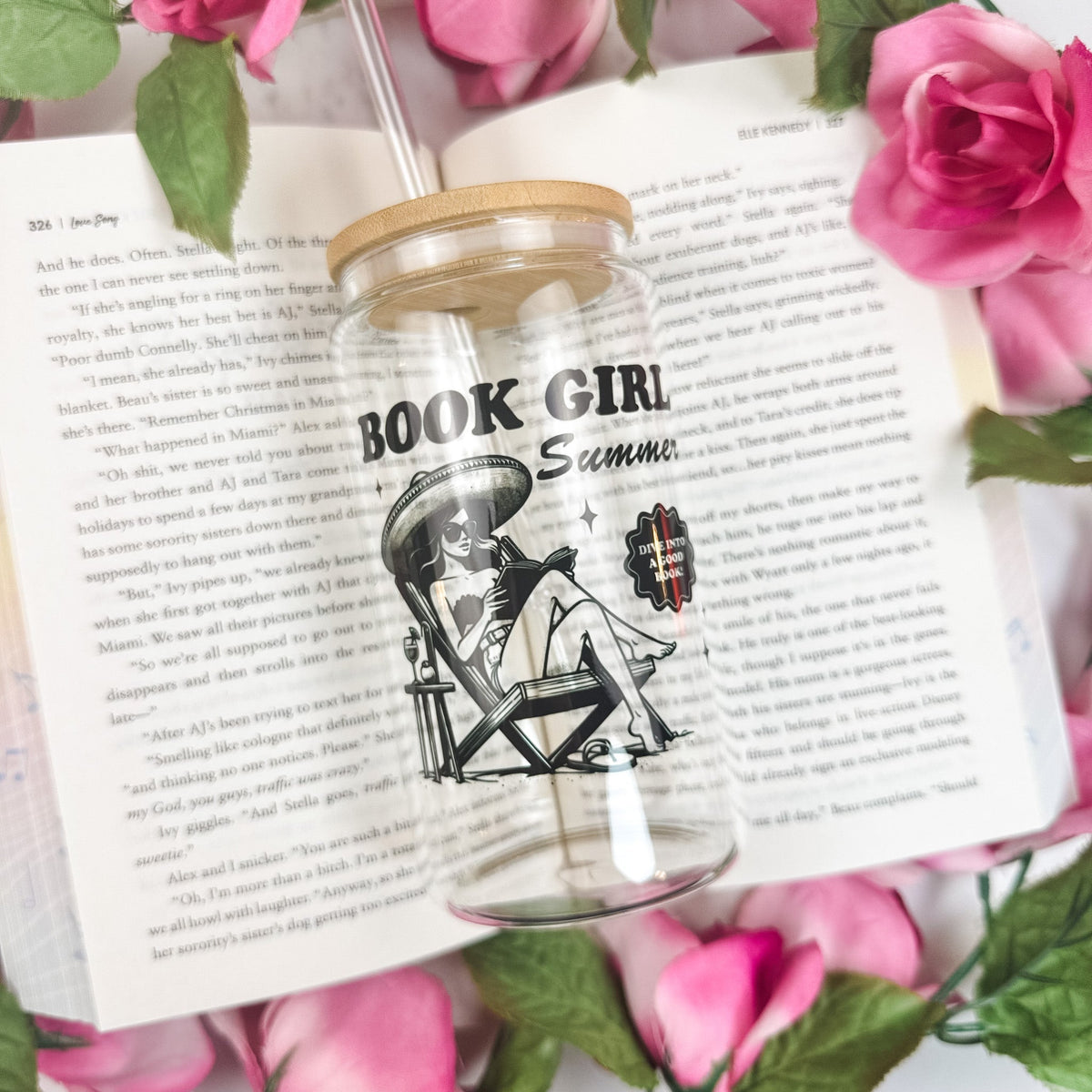 Book Girl Summer Clear Glass Cup with Bamboo Lid & Straw - Starry Skies Austin