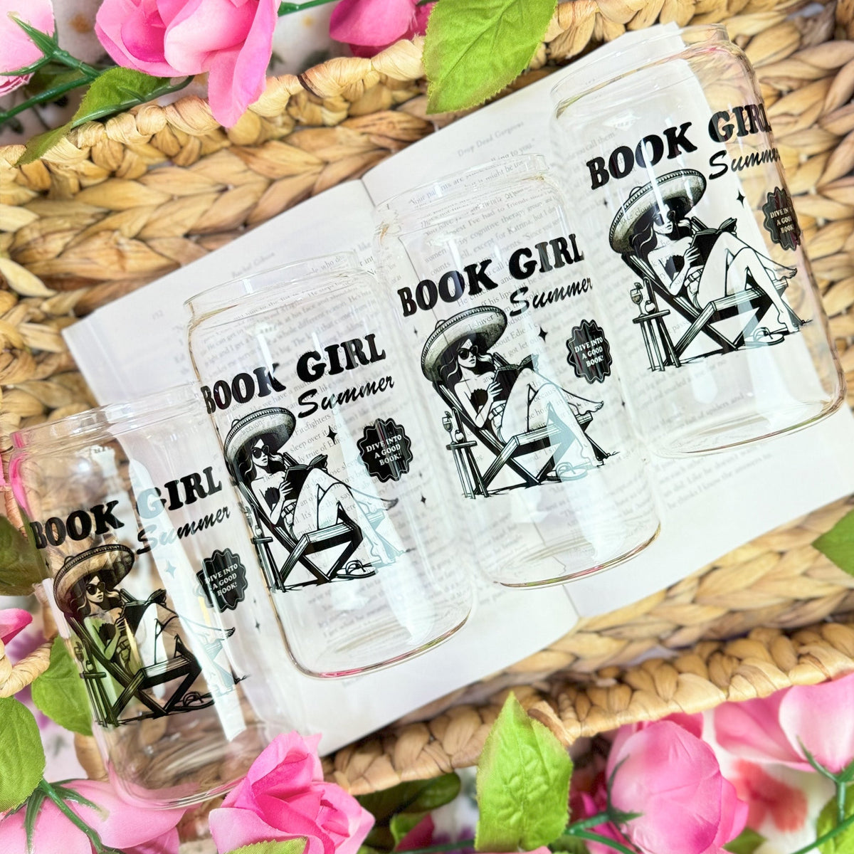 Book Girl Summer Clear Glass Cup with Bamboo Lid & Straw - Starry Skies Austin