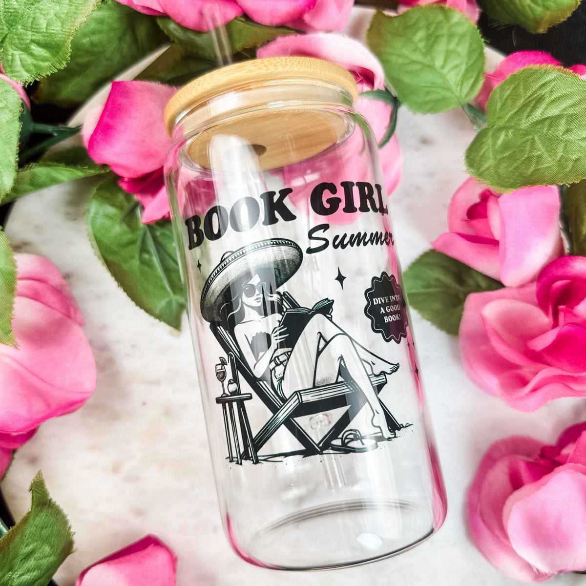 Book Girl Summer Clear Glass Cup with Bamboo Lid & Straw - Starry Skies Austin