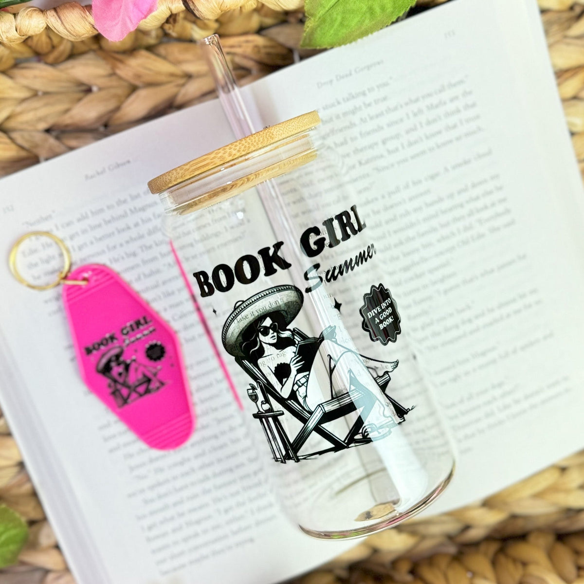 Book Girl Summer Clear Glass Cup with Bamboo Lid & Straw - Starry Skies Austin