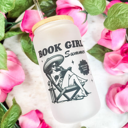 Book Girl Summer Frosted Glass Cup with Bamboo Lid & Straw - Starry Skies Austin