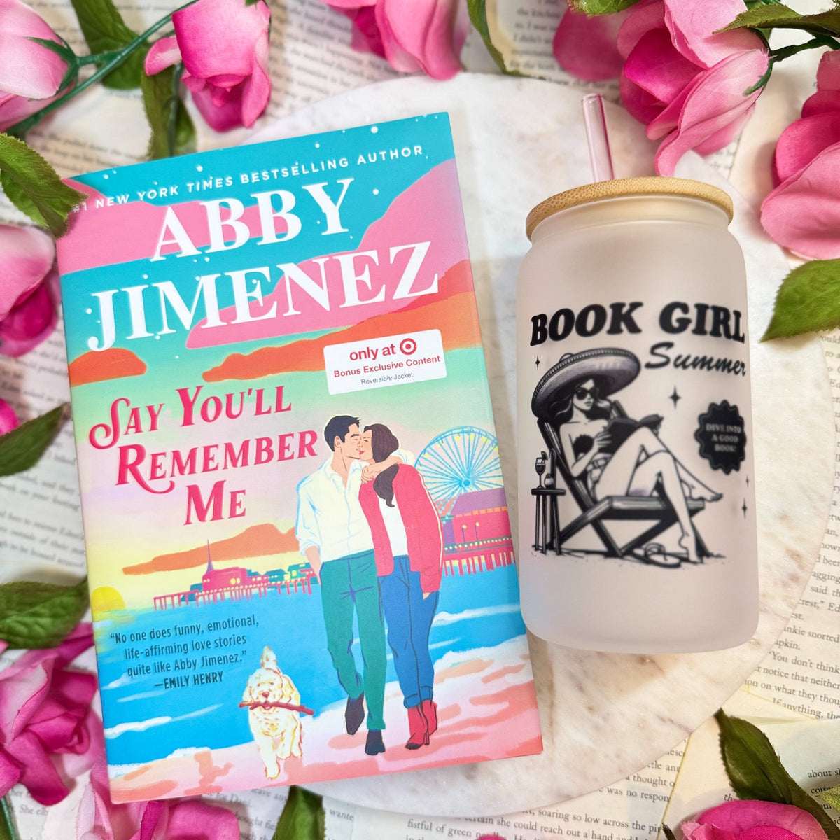 Book Girl Summer Frosted Glass Cup with Bamboo Lid & Straw - Starry Skies Austin