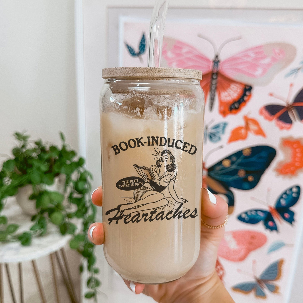 Book Induced Heartache Clear Glass Cup with Bamboo Lid & Straw - Starry Skies Austin