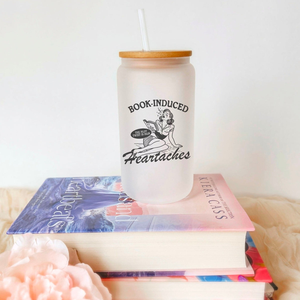 Book Induced Heartache Frosted Glass Cup with Bamboo Lid & Straw - Starry Skies Austin