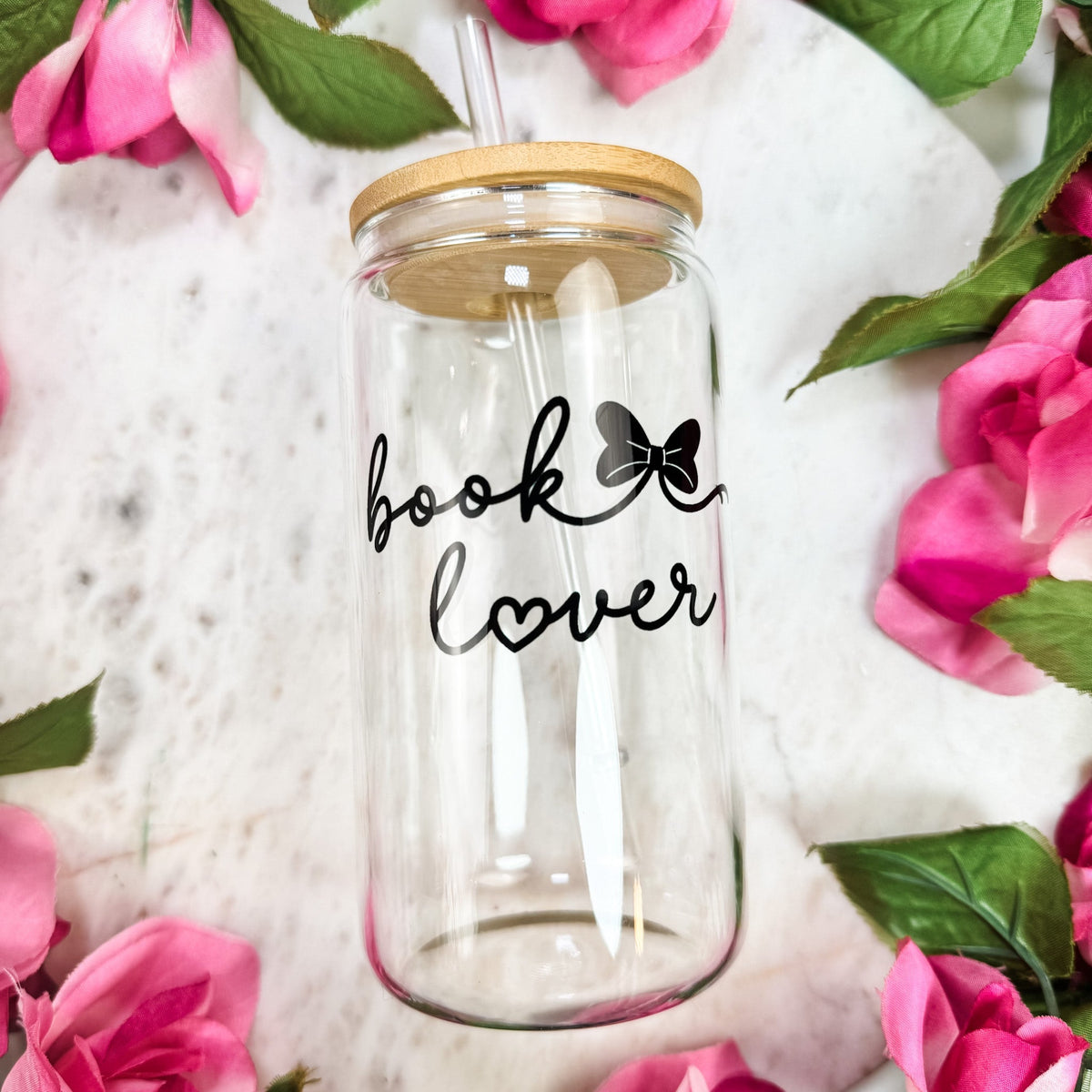 Book Lover Clear Glass Cup with Bamboo Lid & Straw - Starry Skies Austin
