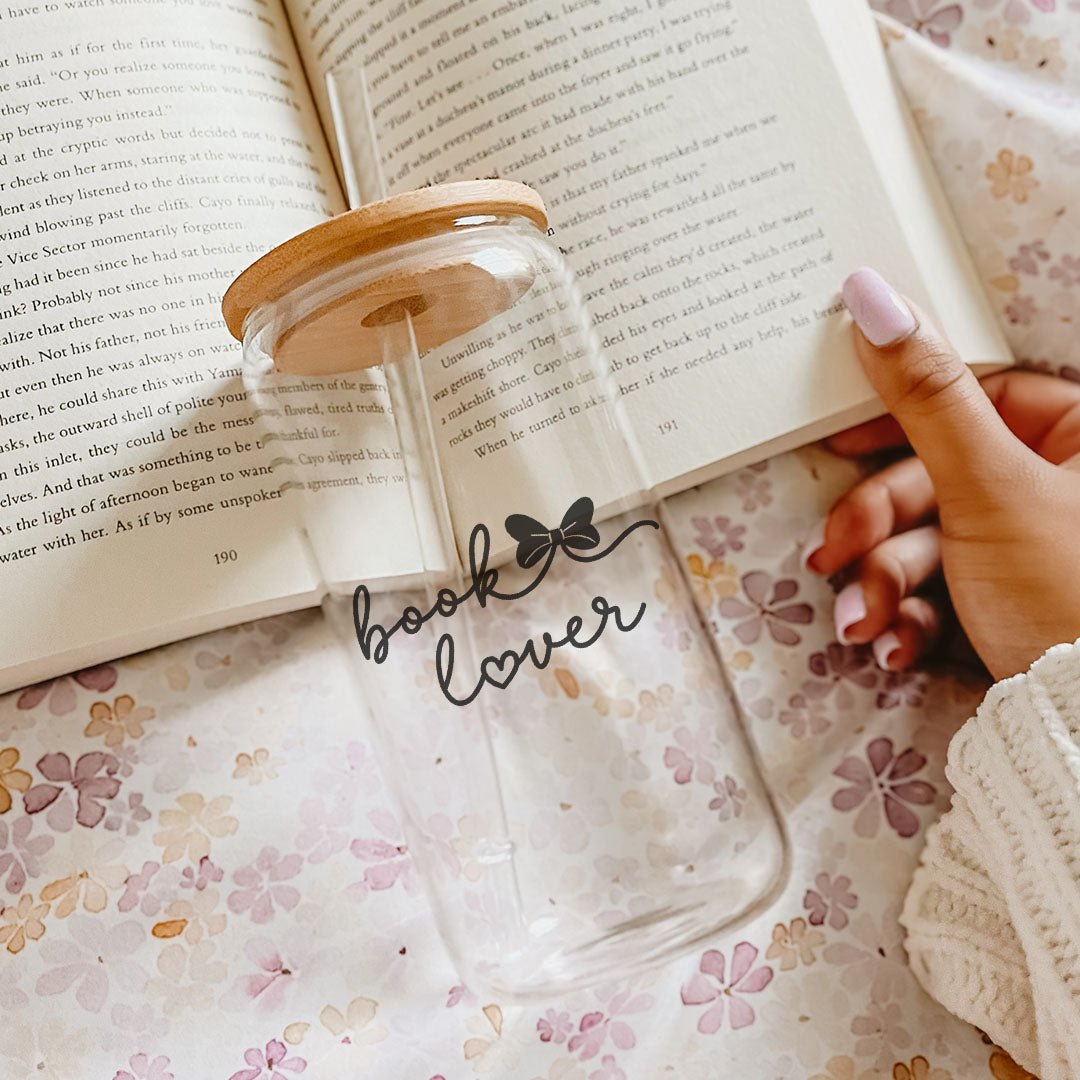 Book Lover Clear Glass Cup with Bamboo Lid & Straw - Starry Skies Austin