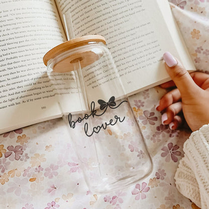 Book Lover Clear Glass Cup with Bamboo Lid & Straw - Starry Skies Austin
