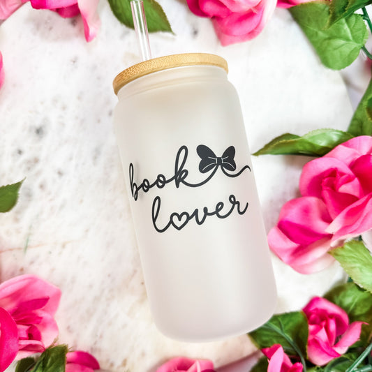 Book Lover Frosted Glass Cup with Bamboo Lid & Straw - Starry Skies Austin