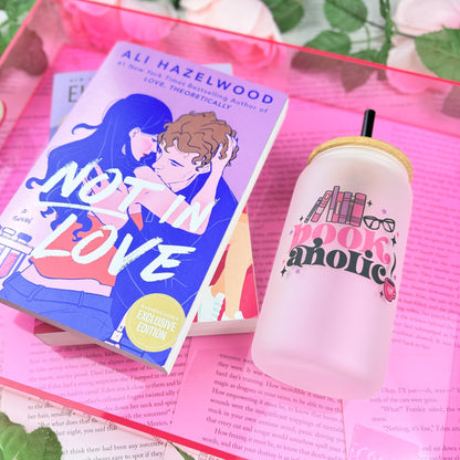 Bookaholic Frosted Glass Cup with Bamboo Lid & Straw - Starry Skies Austin