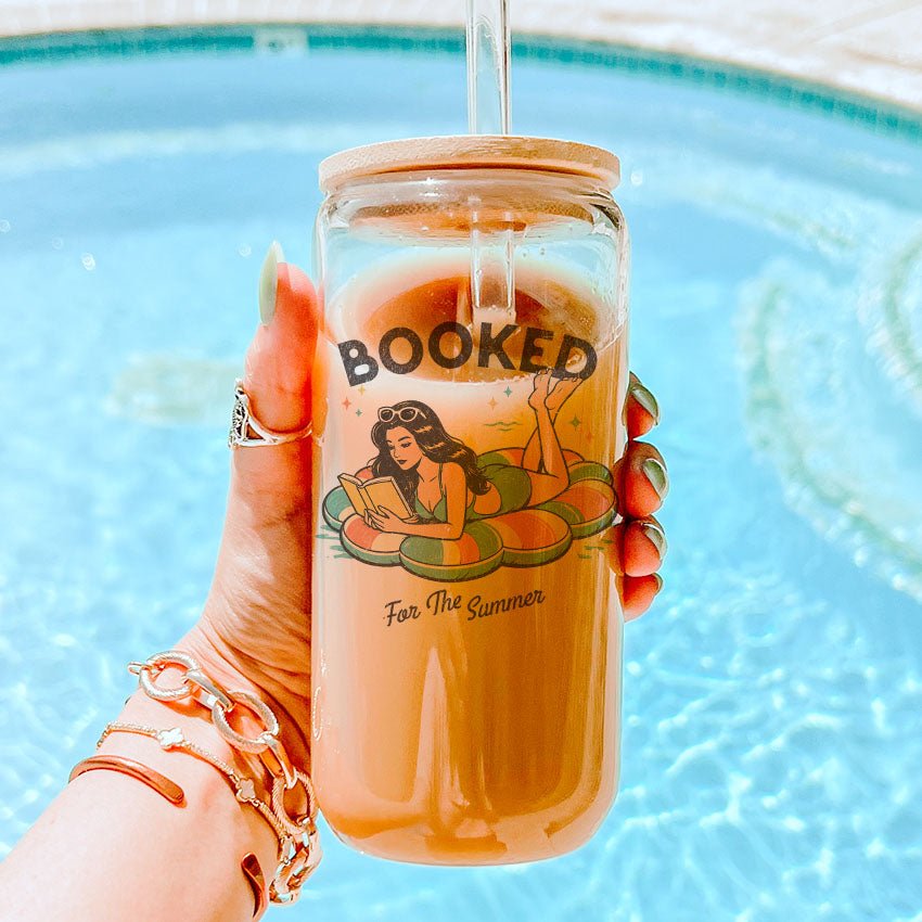 Booked For The Summer Clear Glass Cup with Bamboo Lid & Straw - Starry Skies Austin