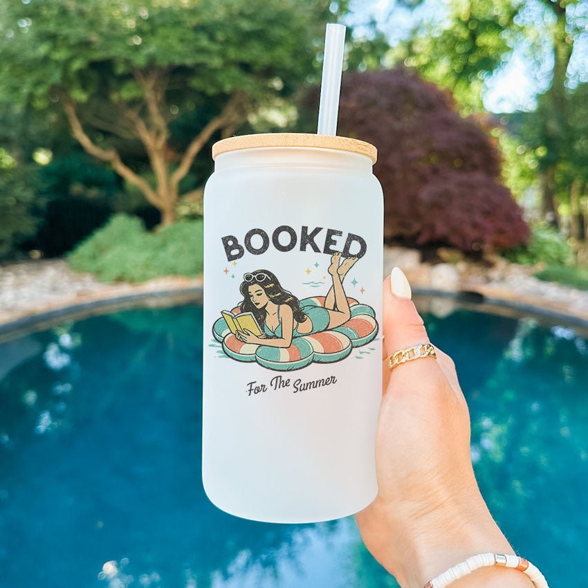 Booked For The Summer Frosted Glass Cup with Bamboo Lid & Straw - Starry Skies Austin