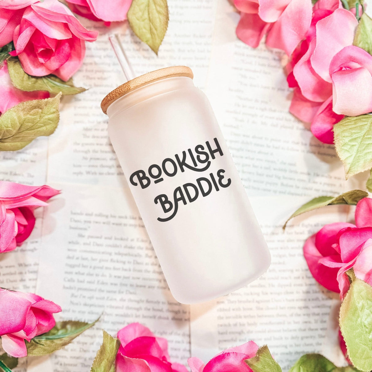 Bookish Baddie Frosted Glass Cup with Bamboo Lid & Straw - Starry Skies Austin