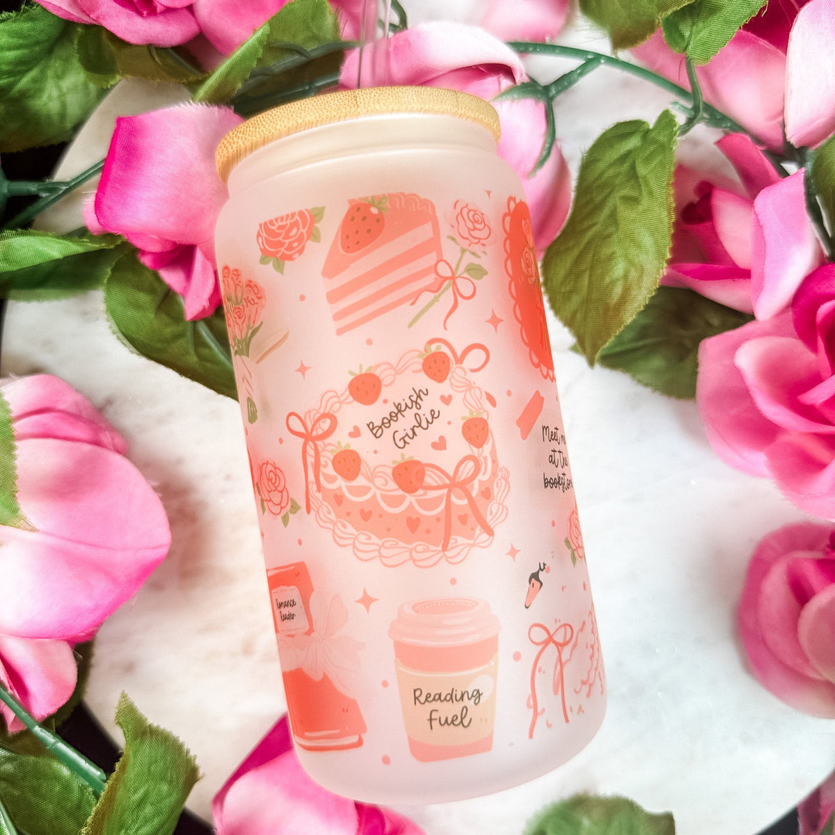 Bookish Girlie Frosted Glass Cup with Bamboo Lid & Straw - Starry Skies Austin