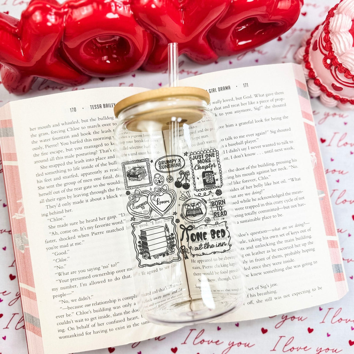 Bookish Romance Tropes Clear Glass Cup with Bamboo Lid & Plastic Straw - Starry Skies Austin