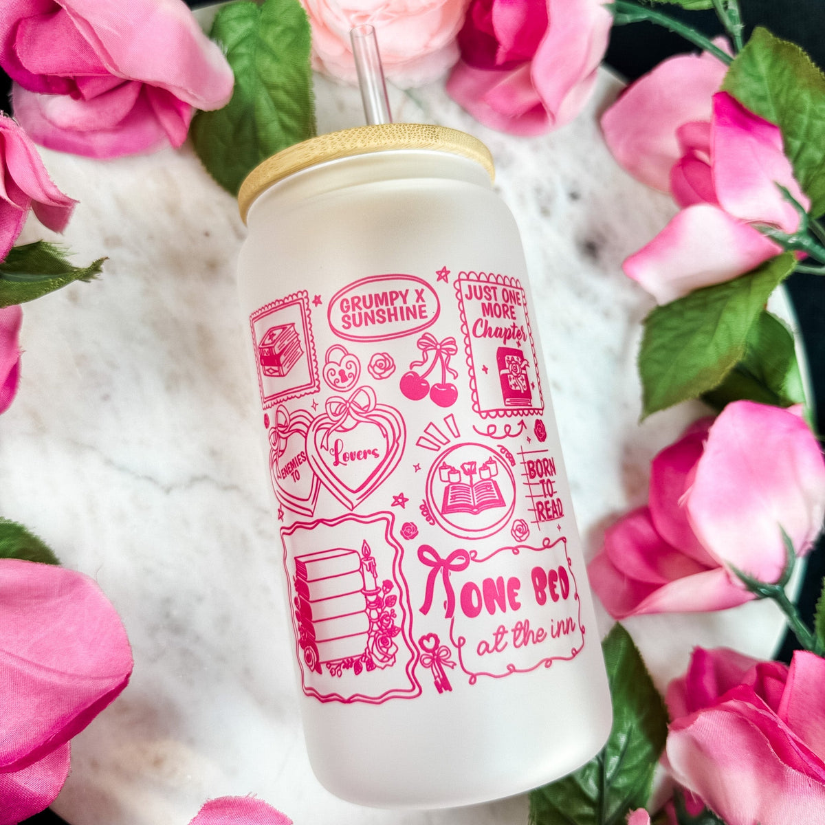 Bookish Romance Tropes Frosted Glass Cup with Bamboo Lid & Plastic Straw - Starry Skies Austin