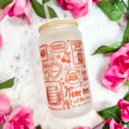 Bookish Romance Tropes Frosted Glass Cup with Bamboo Lid & Plastic Straw - Starry Skies Austin