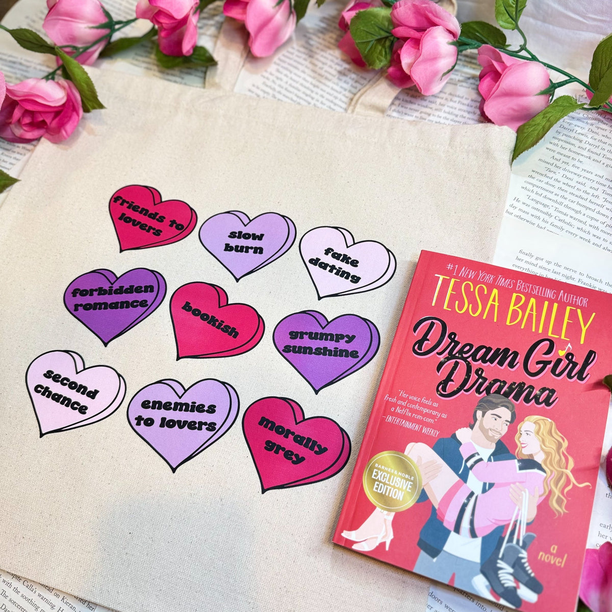 Bookish Tropes Candy Hearts Canvas Tote Bag - Starry Skies Austin