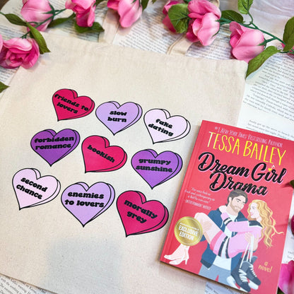 Bookish Tropes Candy Hearts Canvas Tote Bag - Starry Skies Austin