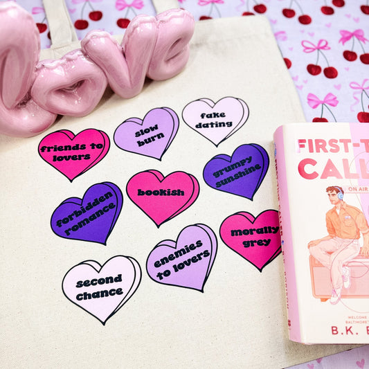 Bookish Tropes Candy Hearts Canvas Tote Bag - Starry Skies Austin
