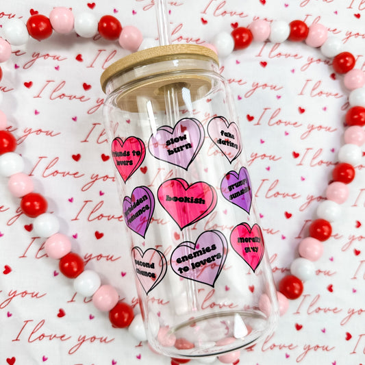 Bookish Tropes Candy Hearts Clear Glass Cup with Bamboo Lid & Straw - Starry Skies Austin