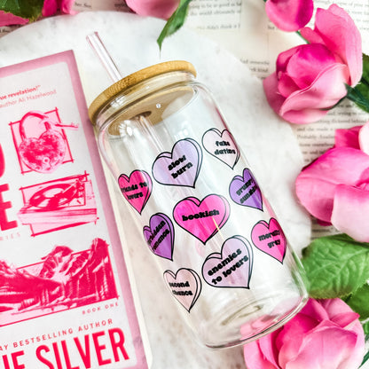 Bookish Tropes Candy Hearts Clear Glass Cup with Bamboo Lid & Straw - Starry Skies Austin