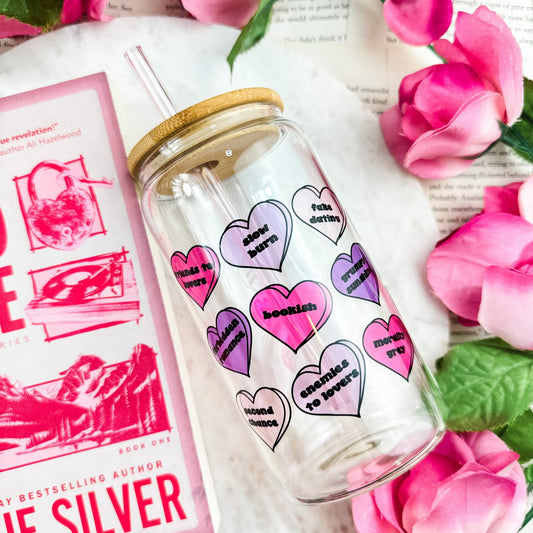 Bookish Tropes Candy Hearts Clear Glass Cup with Bamboo Lid & Straw - Starry Skies Austin